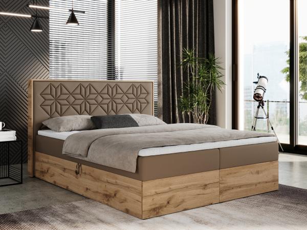 Boxspringbett mit Kopfteil und Topper, Polsterbett - NESSI - 200 x 200 cm - Braun Kunstleder - H3 - Topper T25