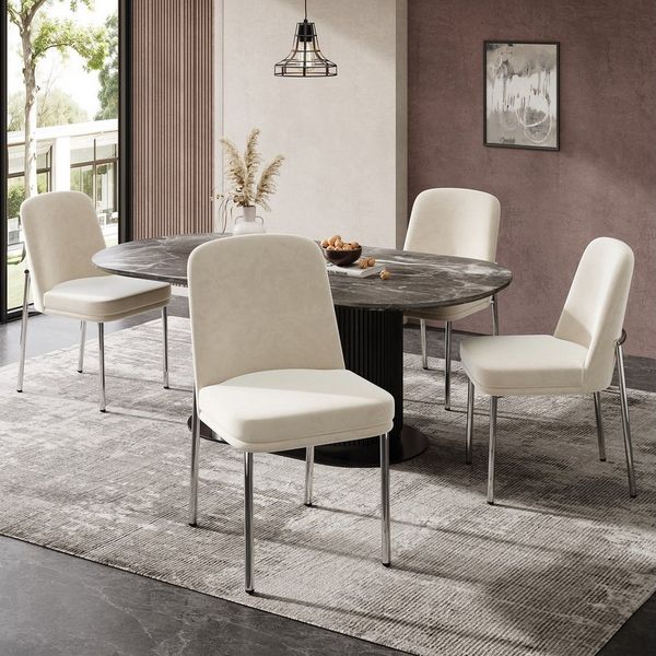 BlingBin Polsterstuhl Esszimmerstuhl Küchenstuhl Freizeitstuhl mit Verdickten Sitzkissen (4er Set, 4 St), Geeignet für Esszimmer, Rahmen aus Galvanisiertem Silber, Samt, Beige