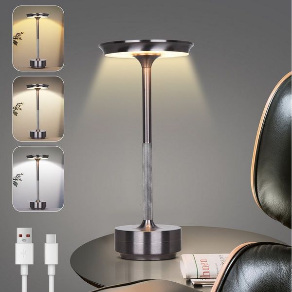 Lapalife Nachttischlampe LED Tischlampe Kabellos Akku, Dimmbar, 3 Farbtemperatur, LED fest integriert, Grau Tischleuchte USB Aufladbar für Nachttisch Esstisch Schreibtisch