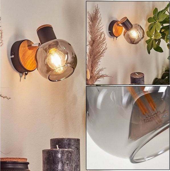 hofstein Wandleuchte moderne Wandlampe Metall/Holz/Glas in Schwarz/Natur/Rauchfarben, ohne Leuchtmittel, Leuchte mit verstellbarem Schirm (10 cm), 1 x E14
