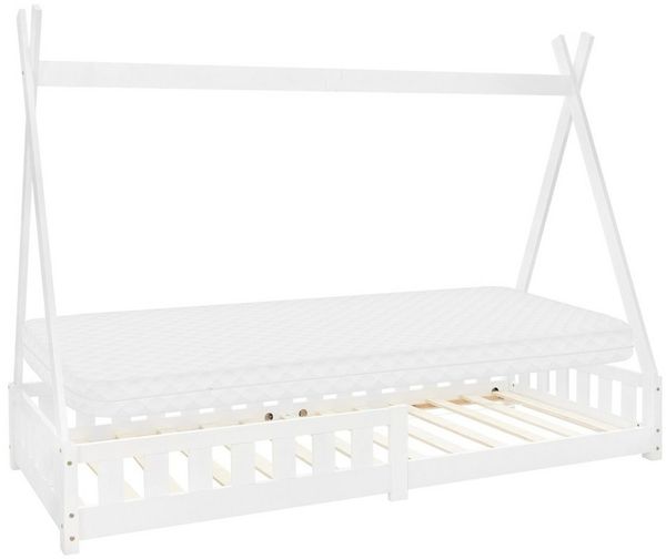 ML-DESIGN Spielbett Hausbett Tipi Zeltbett inkl. Lattenrost Bodenbett Kinder Himmelbett, Abenteuerbett mit Rausfallschutz Zelt Bett Kiefer Weiß Kinderhaus