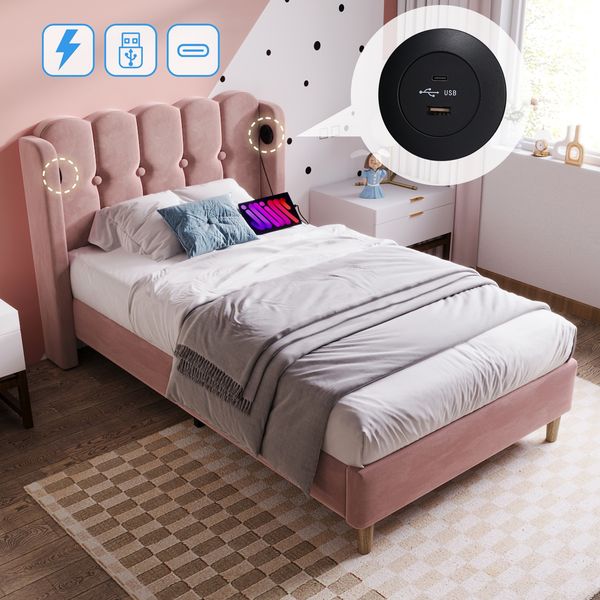 Polsterbett Einzelbett mit USB Typ C Ladefunktion, Bettgestell mit Lattenrost , Gepolstertes bett in Rosa,90x200 cm Bettrahmen Jugendbett für Schlafzimmer Gästezimmer-Samt