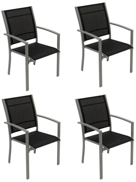 TPFGarden Gartenstuhl LEEDS (4er Set Stapelsessel - Metall silber + Textilgewebe schwarz), Hochwertiger Outdoor Stuhl mit den Maßen (BxHxT): 55 x 89 x 64 cm