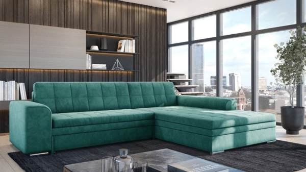 Ecksofa Schlafsofa Sofa LUSAKA in Stoff Fresh Meeresgrün Ottomane Rechts