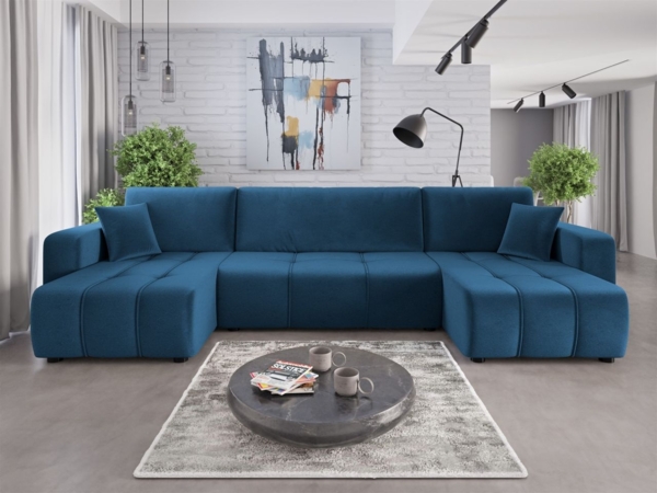 Wohnlandschaft mit Schlaffunktion DAGNY Sofa U-Form in Stoff Kronos Blau