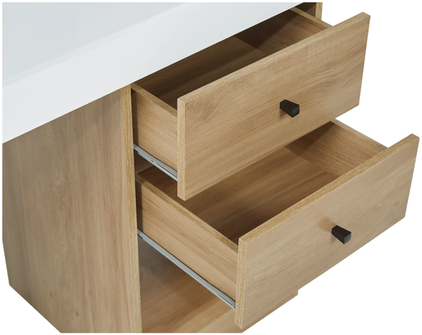 Vente-unique - Schreibtisch ausziehbar mit 2 Schubladen & 1 Ablage - Weiß & Eichefarben - EVAN Bild 7