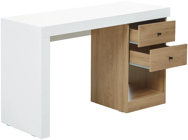 Vente-unique - Schreibtisch ausziehbar mit 2 Schubladen & 1 Ablage - Weiß & Eichefarben - EVAN Bild 6