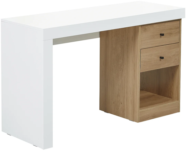 Vente-unique - Schreibtisch ausziehbar mit 2 Schubladen & 1 Ablage - Weiß & Eichefarben - EVAN Bild 2