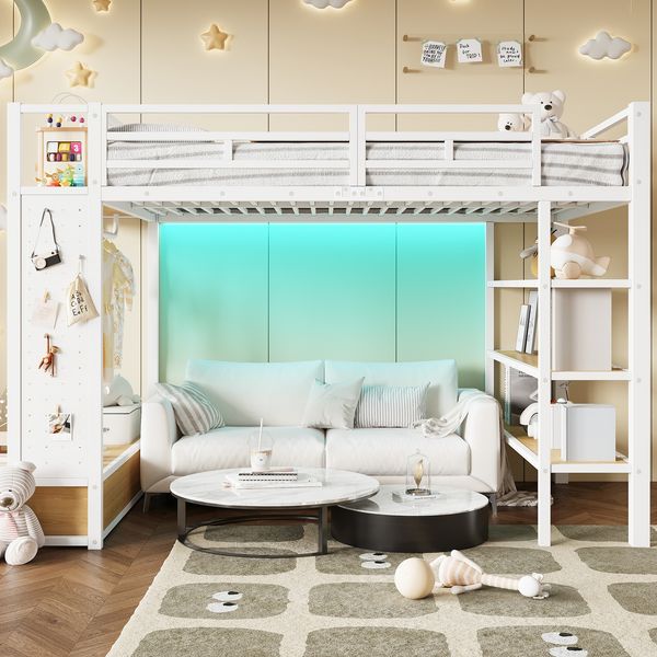 Merax Hochbett, 140x200cm, Doppelbett, mit offenem Kleiderschrank, mit Ablagefächern, Lochwand und LED-Beleuchtung, Weiß