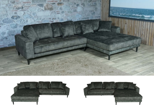 Ecksofa HWC-J54, Couch Sofa 3-Sitzer L-Form Liegefläche links/rechts ~ Samt olivgrün