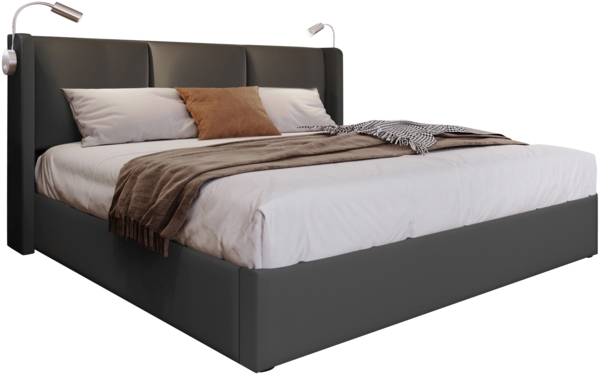 Polsterbett 140x200 cm mit Stauraum und USB-Ladefunktion – graues PU-Bett mit Leselampe Bild 8