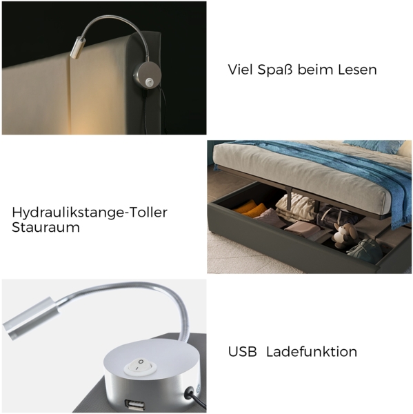 Polsterbett 140x200 cm mit Stauraum und USB-Ladefunktion – graues PU-Bett mit Leselampe Bild 7