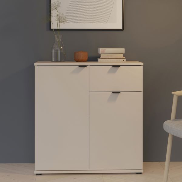 Forte GANYMEDE Kommode 80, minimalistische Kommode, 2-türig, 1 Schublade, Holzwerkstoff, Wohn-/Schlafzimmer, Kaschmir Beige, 80,1 cm breit x 82,3 cm hoch x 34,1 cm tief