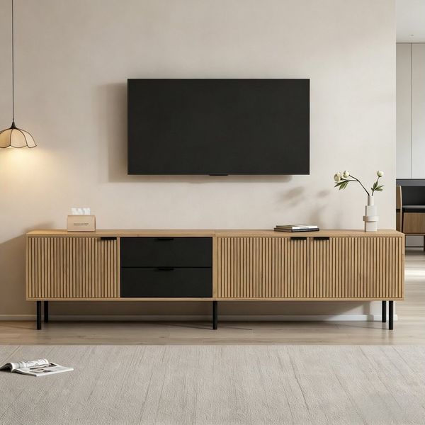 KLAM HOME Lowboard TV-Bank bis 85 Zoll mit Softclose & Kabelmanagement (208cm Lowboard mit Schubladen & Schränken, viel Stauraum), Modernes TV-Möbel Schwarz-Natur stabil & pflegeleicht