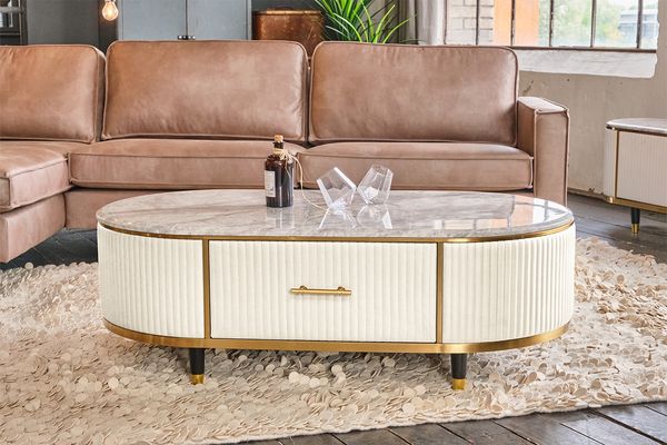 KAWOLA Couchtisch MARIA Marmorplatte Kunstleder weiß 45 x 70 x 130 cm