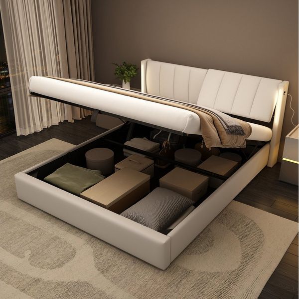 Flieks Polsterbett, LED Stauraumbett Doppelbett mit USB/ Verstellbarem Kopfteil 180x200 cm