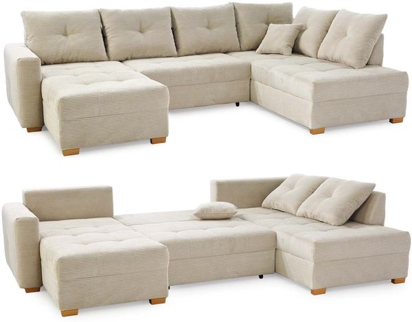 Wohnlandschaft U-Form Sofa groß Schlaffunktion Couch Bettkasten Cord Beige Grau