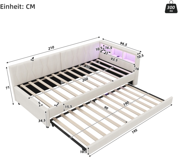 Merax Daybett LED Polsterbett Schlafsofa 90x200cm & Ausziehbett 90x190cm & Aufladen, beige Bild 4
