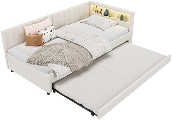 Merax Daybett LED Polsterbett Schlafsofa 90x200cm & Ausziehbett 90x190cm & Aufladen, beige Bild 10