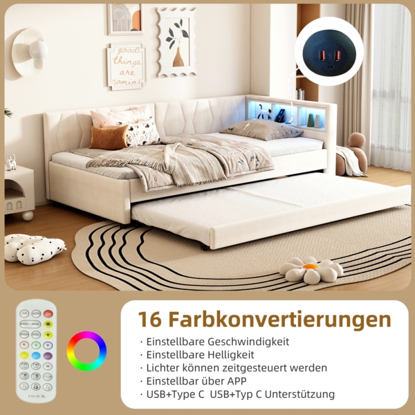 Merax Daybett LED Polsterbett Schlafsofa 90x200cm & Ausziehbett 90x190cm & Aufladen, beige Bild 2