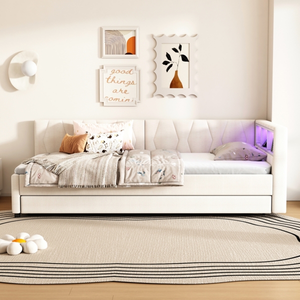 Merax Daybett LED Polsterbett Schlafsofa 90x200cm & Ausziehbett 90x190cm & Aufladen, beige Bild 6