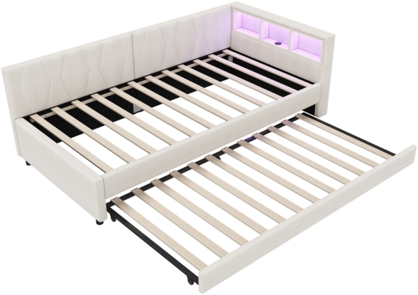 Merax Daybett LED Polsterbett Schlafsofa 90x200cm & Ausziehbett 90x190cm & Aufladen, beige Bild 9