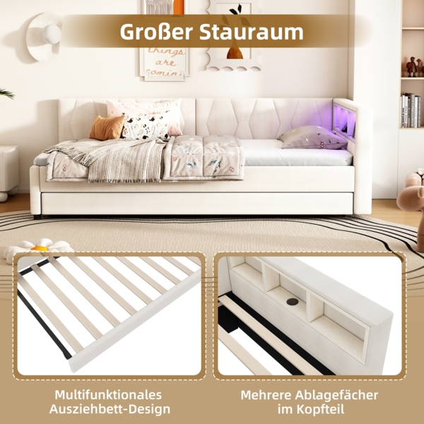 Merax Daybett LED Polsterbett Schlafsofa 90x200cm & Ausziehbett 90x190cm & Aufladen, beige Bild 5