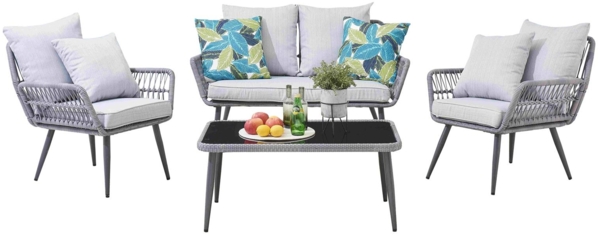 Garten Sitzgruppe 4-teilig Polyrattan grau mit Tisch und Kissen