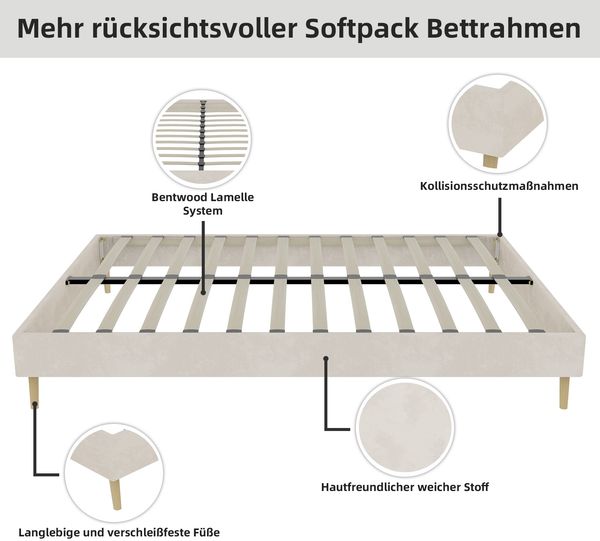 Bettgestell mit Stoffbezug, 140x200 cm, Beige, ohne Kopfteil und Matratze Bild 6