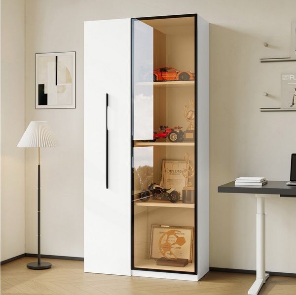 Flieks Glasvitrine mit Rollen und LED-Beleuchtung Hochschrank (1-St, B70/T40/H160 cm) Bücherregal Standvitrine Sammelvitrine mit Schublade & Glastür