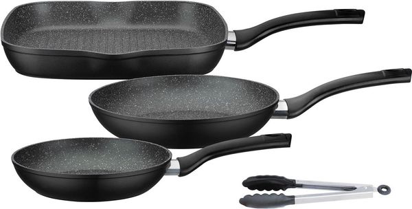 GSW Topf-Set Gourmet Granit, Aluminiumguss (Set, 5-tlg, 1 Bräter, 1 Grillpfanne Ø 28cm, je 1 Bratpfanne Ø 20/24cm, 1 Kochzange), Induktion
