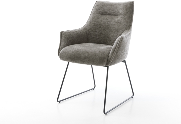 Esszimmerstuhl Alja-Flex mit Armlehnen Bouclé Soft Schlamm Kufengestell Schwarz Taschenfederkern