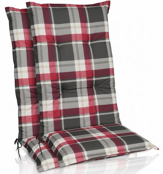 Beautissu Hochlehnerauflage 2er Set Hochlehner Auflagen Set 120x50 cm Polster Bordeaux Kariert, 6cm Dicke Polsterauflage rutschfest UV-Lichtecht 5 Stuhlkissen