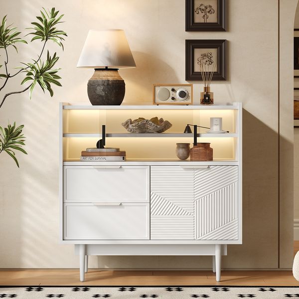 Merax Sideboard, Ablageschrank, Badezimmerschrank, Sideboard mit Lichtleiste, Weiß