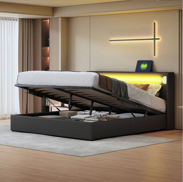 Flieks Polsterbett, LED Beleuchtung/Bluetooth/USB-Aufladen Doppelbett 160x200cm Kunstleder
