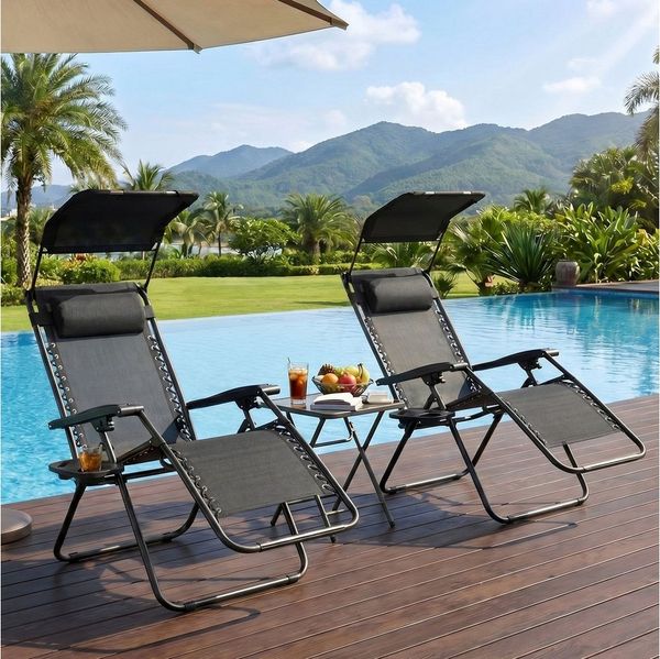 VOWNER Gartenliege 2er Set klappbar Zero Gravity Stuhl, 2 St, erstellbar mit Sonnendach & Getränkehalter für Garten Terrasse