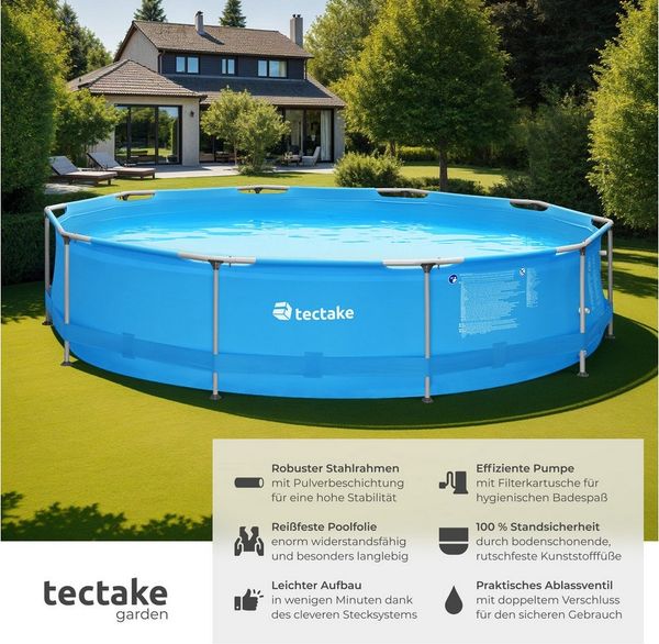 tectake Framepool Swimming Pool rund mit Stahlrahmen und Filterpumpe Ø 360 x 76 cm (Komplettset, in blau), reißfestes PVC-Gewebe, 7.700 L Volumen