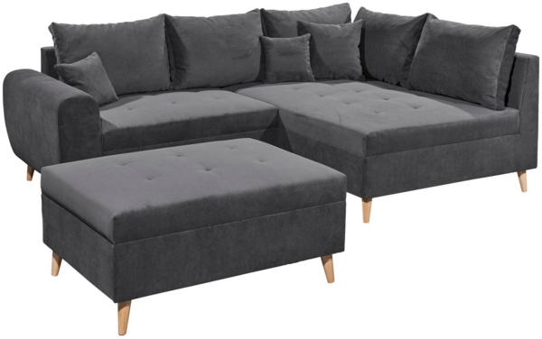 CALANDA Ecksofa mit Hocker, Stoffbezug Anthrazit - Moderne Eckcouch mit Kissen & Massivholz Füßen - 249 x 94 x 175 cm (B/H/T)
