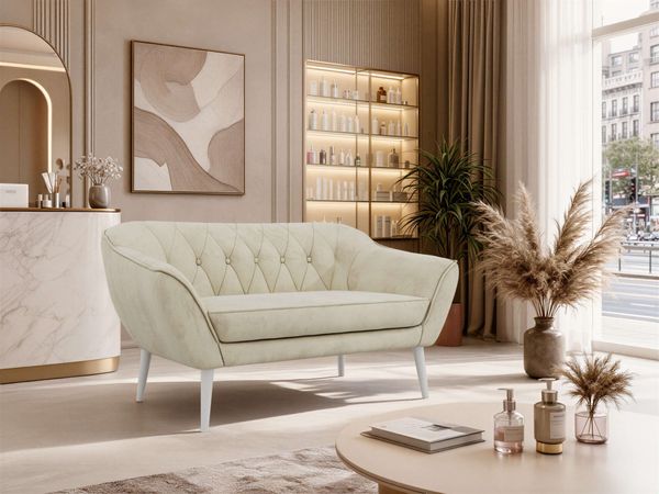 Polstersofa PIRS 2 Skandinavisches Sofa 2-Sitzer, Sofa mit Wellenfederung, Breite 140 cm, weiße Füße Hoher Sitzkomfort - Beige Velvet