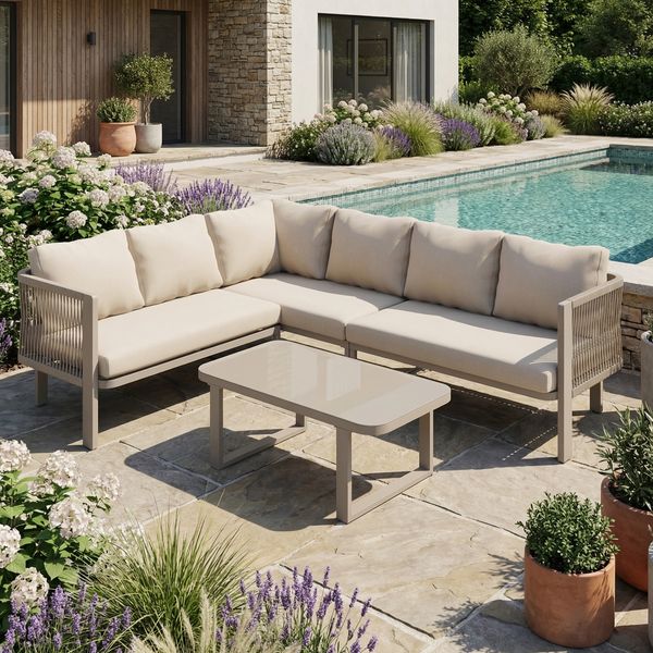 Merax Gartenmöbel-Set für 6 Personen, Garten-Loungesessel-Set Eckstellung, Glastischplatte, Teslin-Seilflechten, inklusive Esstisch, Bank, Stühlen und Sofa, khaki