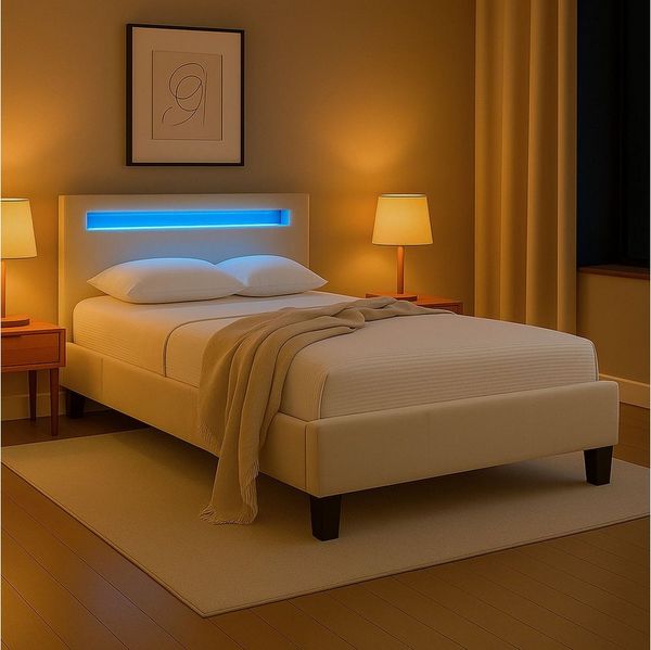 IDIMEX Polsterbett LASHIO, Bett 120x200 cm mit LED Beleuchtung im Kopfteil Stoffbezug Samt creme