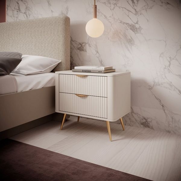 MOEBLO Nachttisch Pholx G (Nachttisch 2er Set - Gold Griffe und Beine aus Metall, geriffelte-Fronten, Nachttisch Nachtkommode Nachtschrank Nachtkonsole Beistelltisch Schlafzimmer, 2-St), (BxHxT):63x55x38 cm
