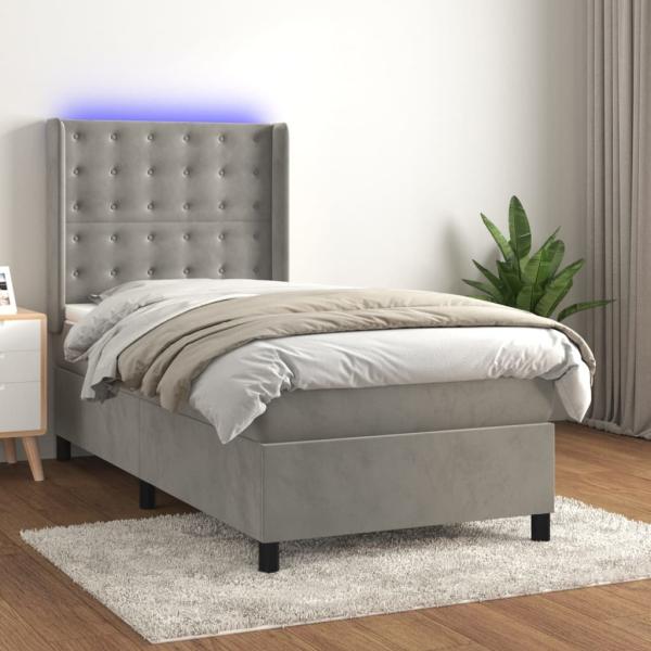 vidaXL Boxspringbett mit Matratze & LED Hellgrau 80x200 cm Samt, Härtegrad: H2 [3139769]