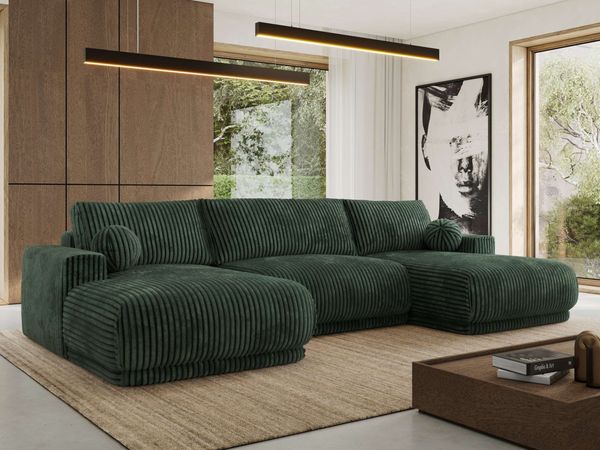 XXL Wohnlandschaft RINA U-Form 360 cm breit, Sofa mit Schlaffunktion & DL-Mechanismus, Wellenfederung, modern freistehend - Dunkelgrün Cord
