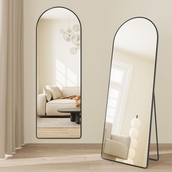 SONGMICS Ganzkörperspiegel, 160x50 cm, gewölbter Standspiegel, Rahmen aus Aluminiumlegierung, Hartglas, abgerundete Ecke, für Schlafzimmer, Wohnzimmer, Garderobe, tintenschwarz LFM051BD01