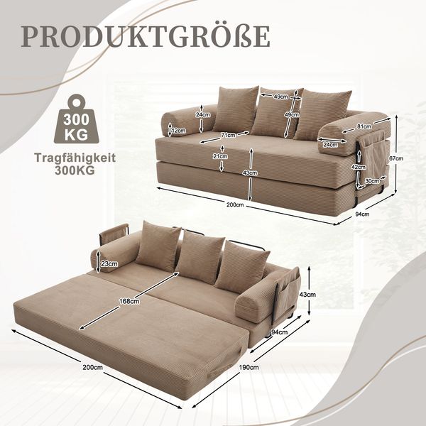 LVHOM Schlafsofa 3 Sitzer, Klappsofa mit Schlaffunktion, Bodensofa, Polstersofa aus CordStoff, Schlafcouch dauerschläfer, frei Kombination, 200x94x67 cm, Khaki Bild 6