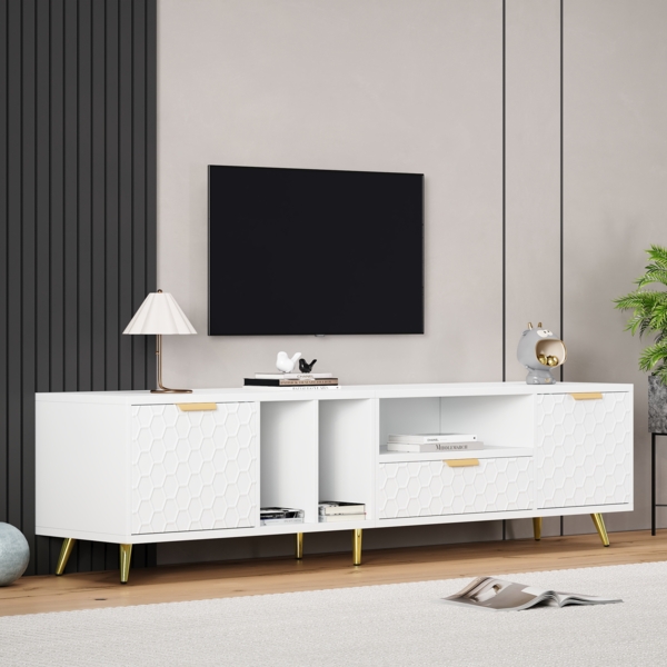 Merax Moderner luxuriöser vertikaler TV-Ständer mit mattem Wabenmuster mit mehreren Aufbewahrungsfunktionen für Fernseher bis zu 80 Zoll. TV-Ständer für Wohnzimmer 180*40*41 cm (weiß)