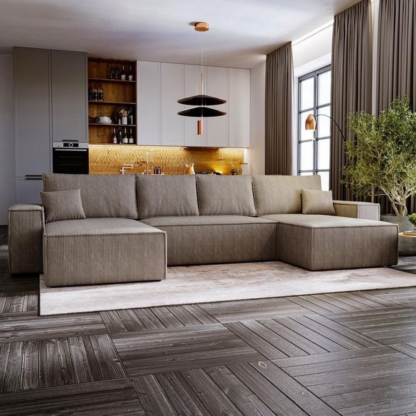 Compleo Ecksofa 370 cm breit, U-Form MALAG, mit Schlaffunktion und Bettkasten, Cordstoff