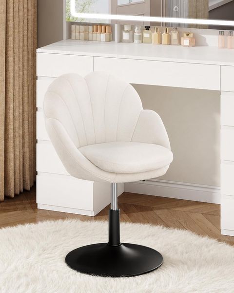 Schminkhocker, 360° Schwenkbarer Schminkstuhl mit Rückenlehne, Höhenverstellbarer Hubstuhl, Weiß Chenille, Geeignet für Schminktisch, Schlafzimmer und Esszimmer, Weiß