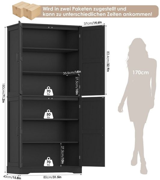 HOMECHO Küchenbuffet 180cm Küchenschrank mit 4 Türen Weiß Buffetschrank für Wohnzimmer Küche 180×80×40 cm
